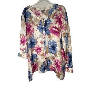 JM COLLECTION Pink & Blue Floral Button Down Tab Sleeve 100% Linen Tunic Size 16